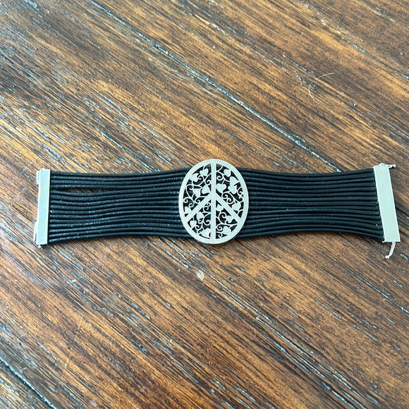 Jewelry - Multi Strand Leather, Sterling and Pave Diamond Peace Sign Bracelet